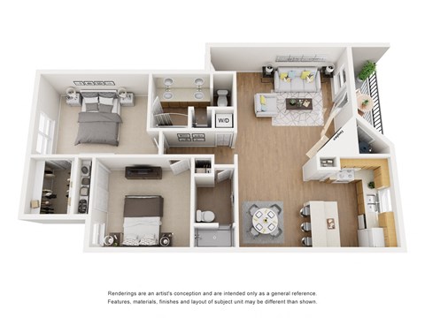 Floor plan for 2 beds, 2 baths, 1050 sqft